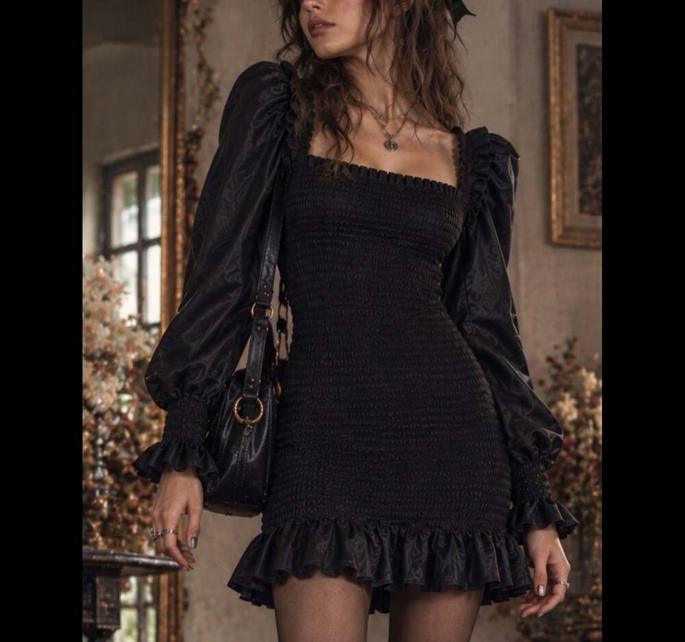 7 For All Mankind Black Faux Leather Ruffle Puff Sleeve Moto Dress